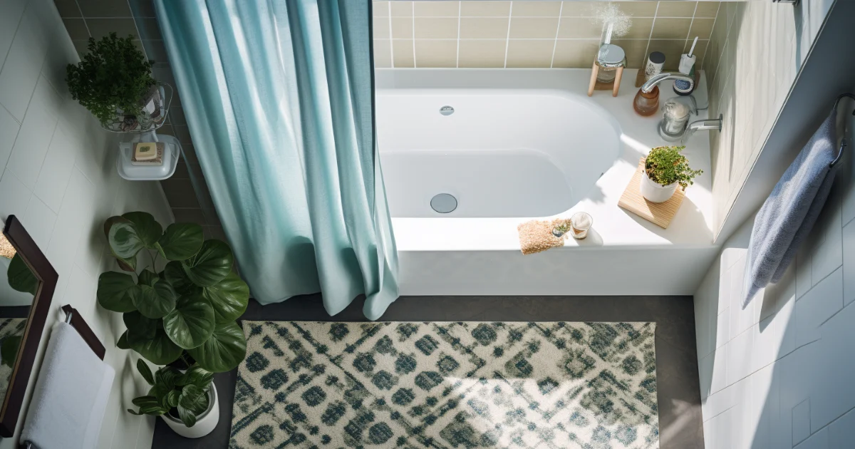 A bathroom with a bathtub and a rug, suitable for determining the size of a shower curtain.
