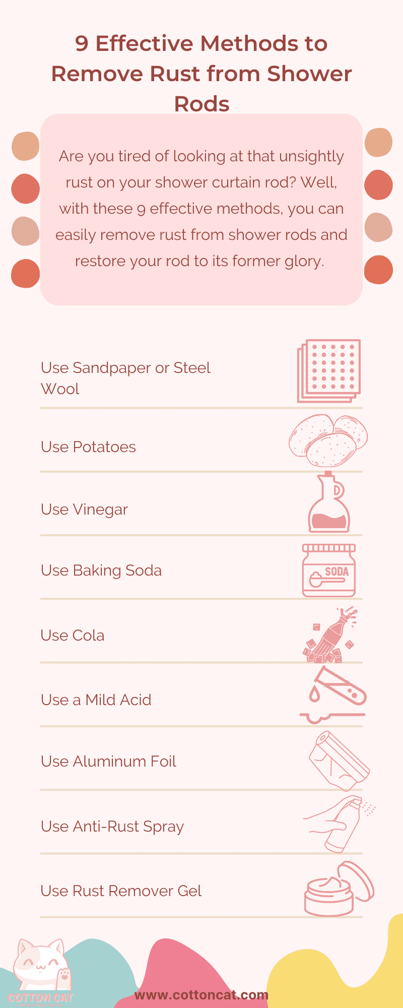 An infographic of 9 effective methods to remove rust from shower rods.