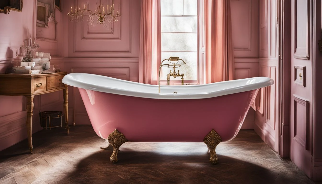 A pink and gold bathtub in a bathroom.