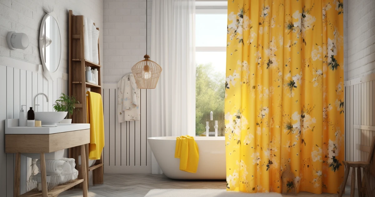 A yellow shower curtain adds a vibrant touch to bathroom décor.
