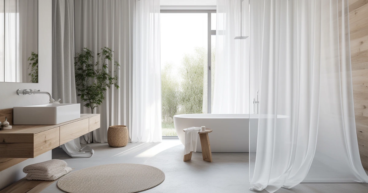 A modern bathroom decorated with white walls, wooden floors, and shower curtains.