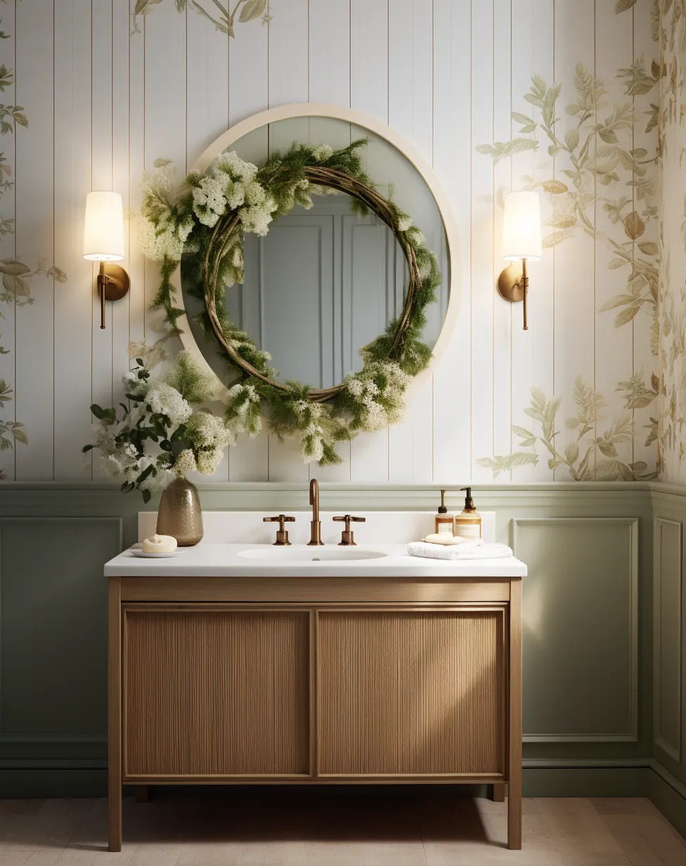A bathroom with floral wallpaper and a round mirror.