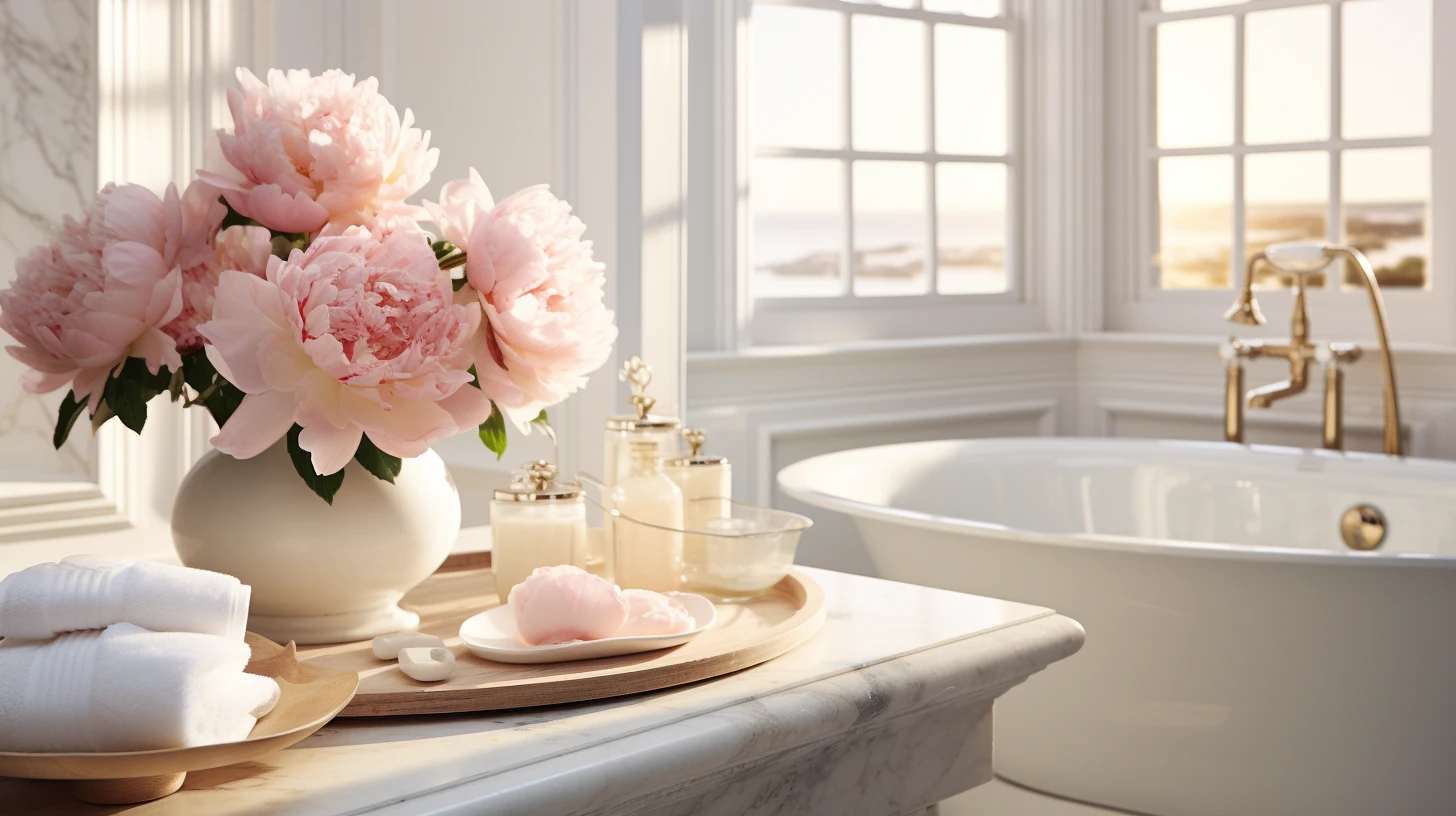 Pink peonies in a vase on a table next to a bathtub.
