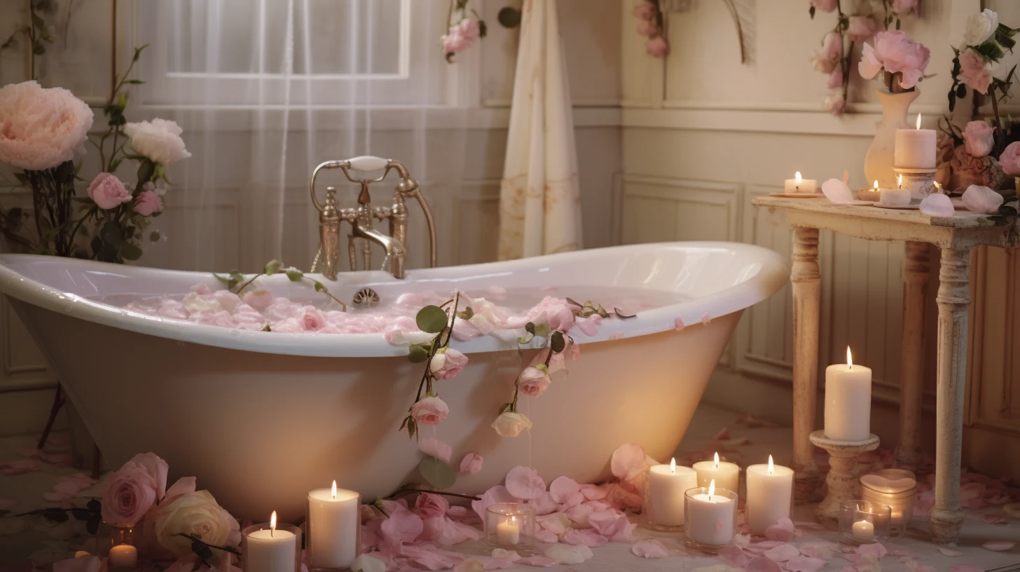A bathtub filled with pink flowers and candles.