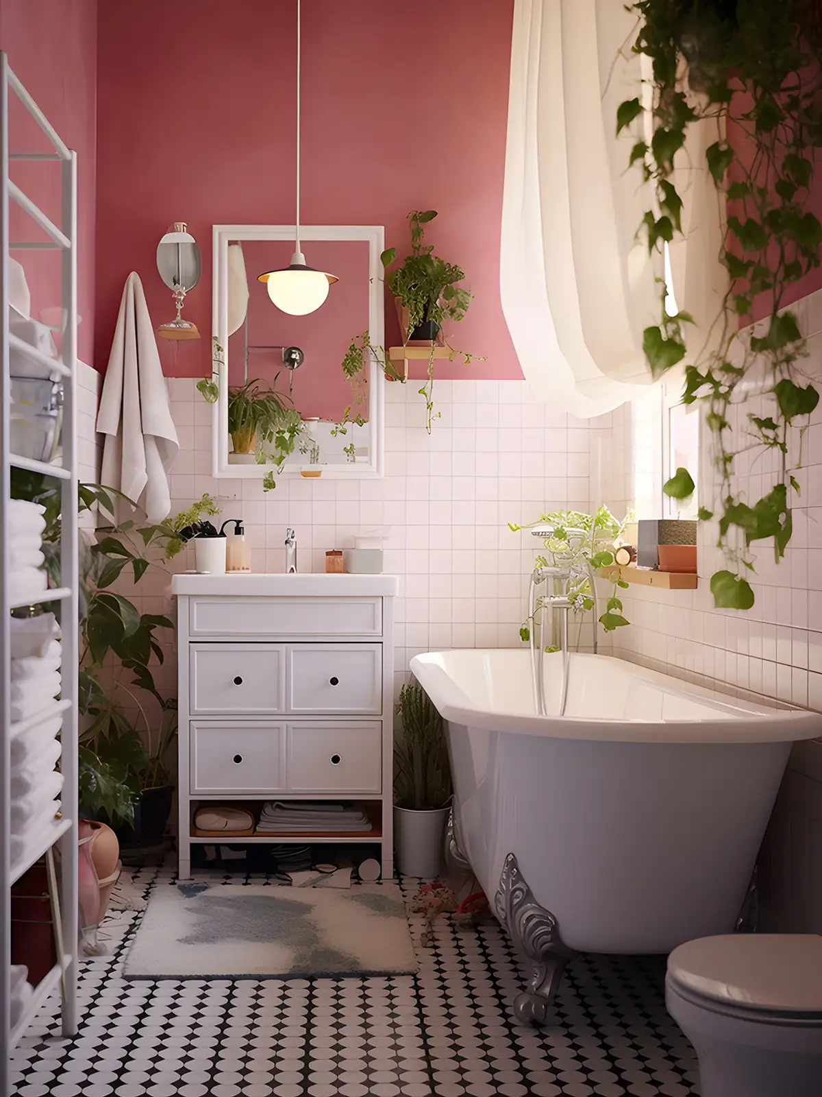 A bathroom with pink walls and plants.