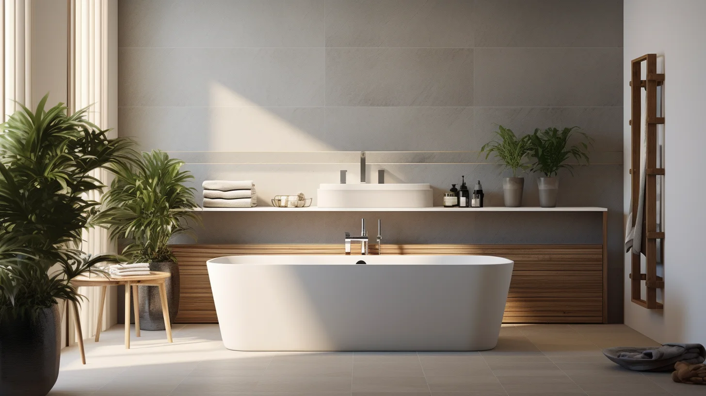 A modern bathroom with a bathtub and plants.