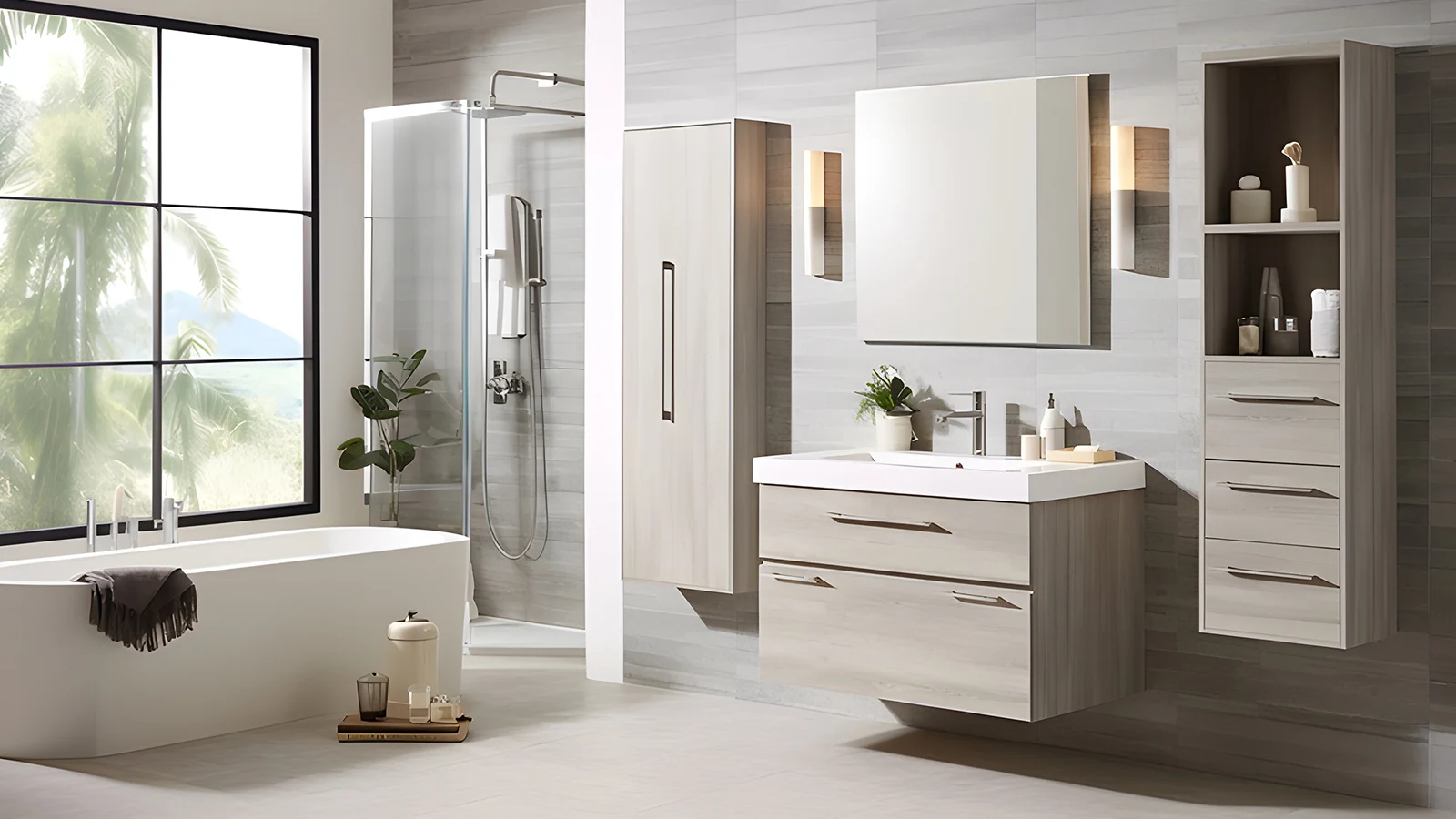 A modern bathroom with a bathtub and sink is a stylish addition to any apartment.