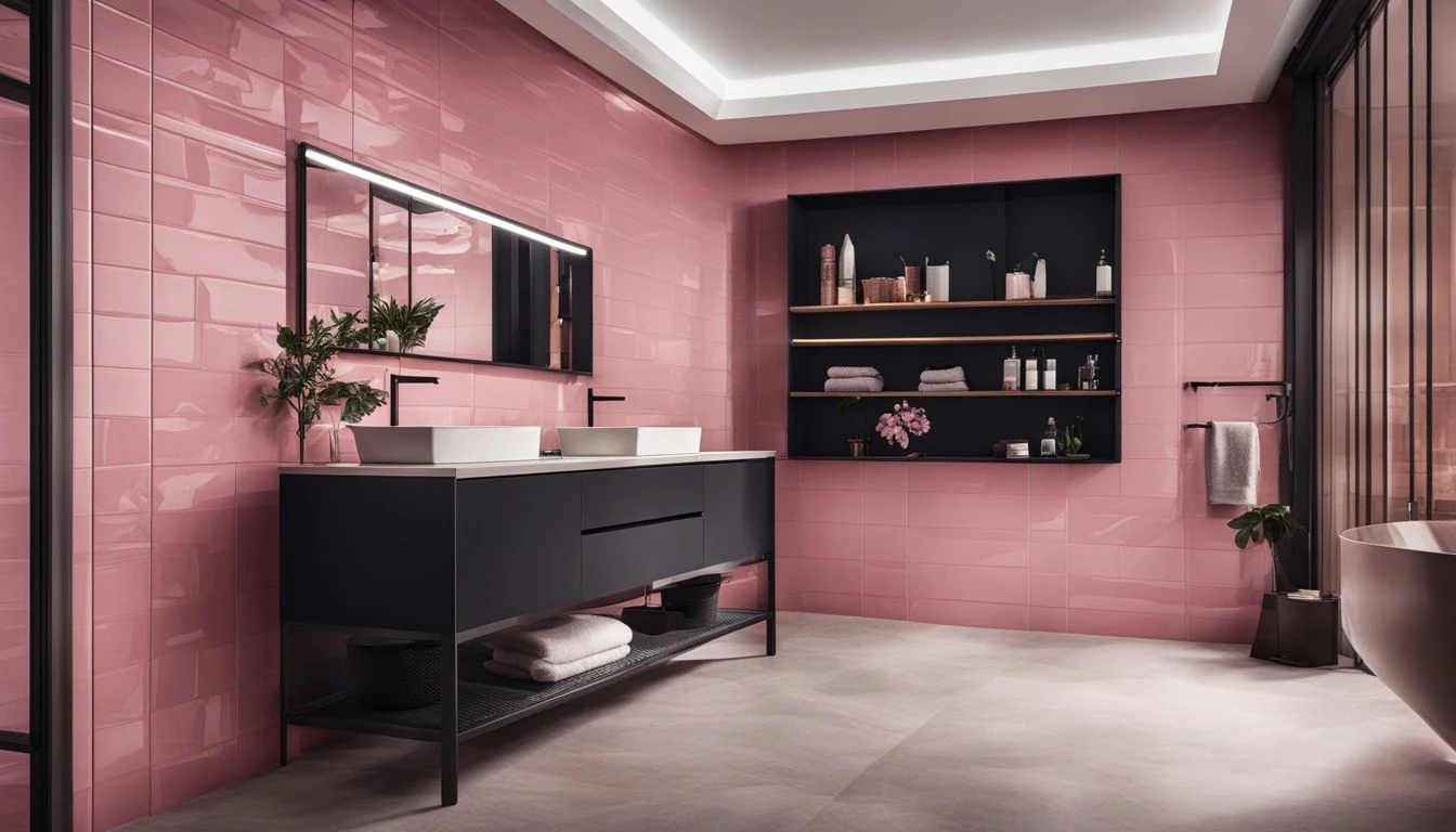 A bathroom with pink walls and black furniture.