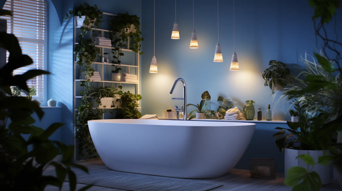 A blue bathroom with plants and a bathtub.