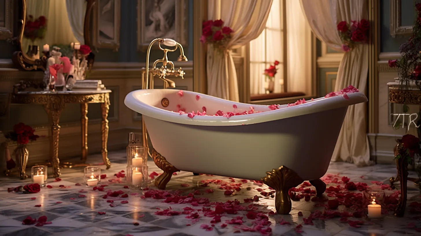 A bathtub filled with rose petals and candles.