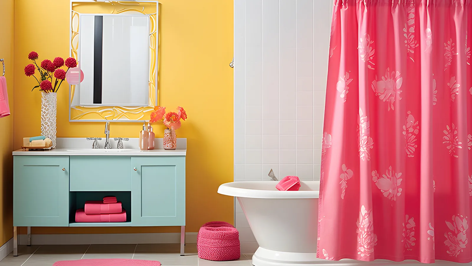 Learn how to decorate your apartment bathroom with a stylish pink shower curtain.