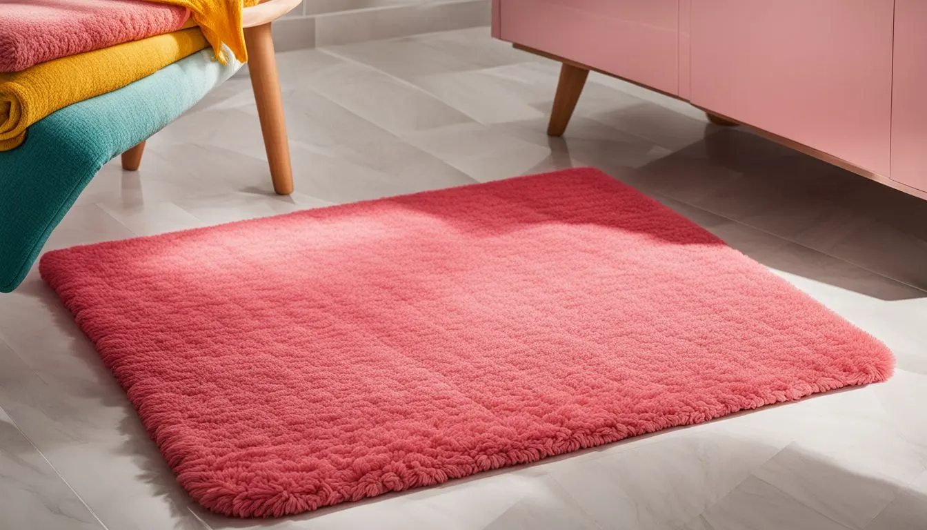 A pink bath mat in a bathroom.