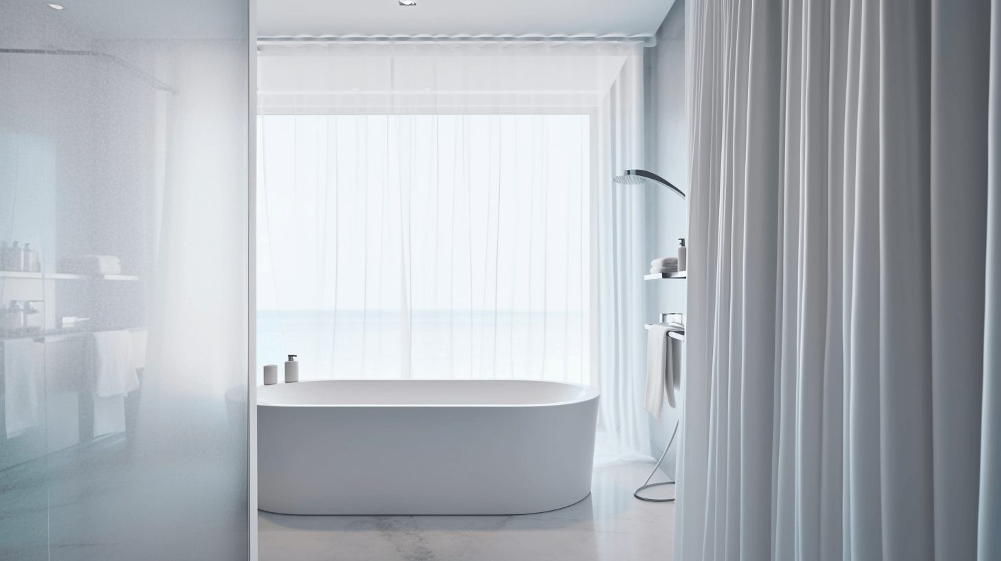 A white bathroom with a shower door and a view of the ocean.