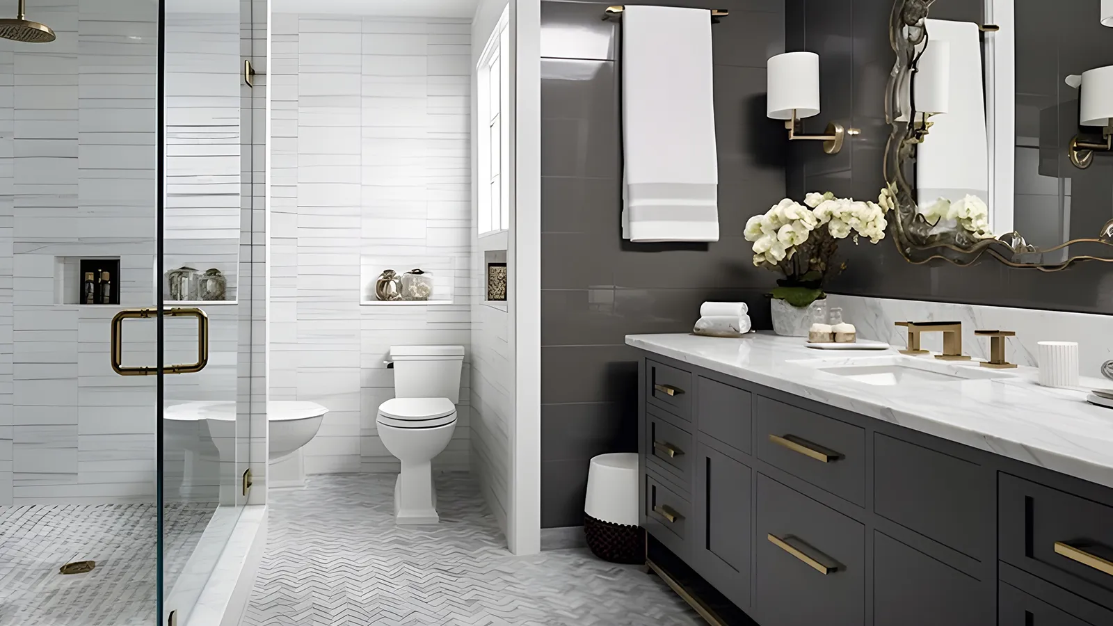 A bathroom with gray walls and gold accents.
