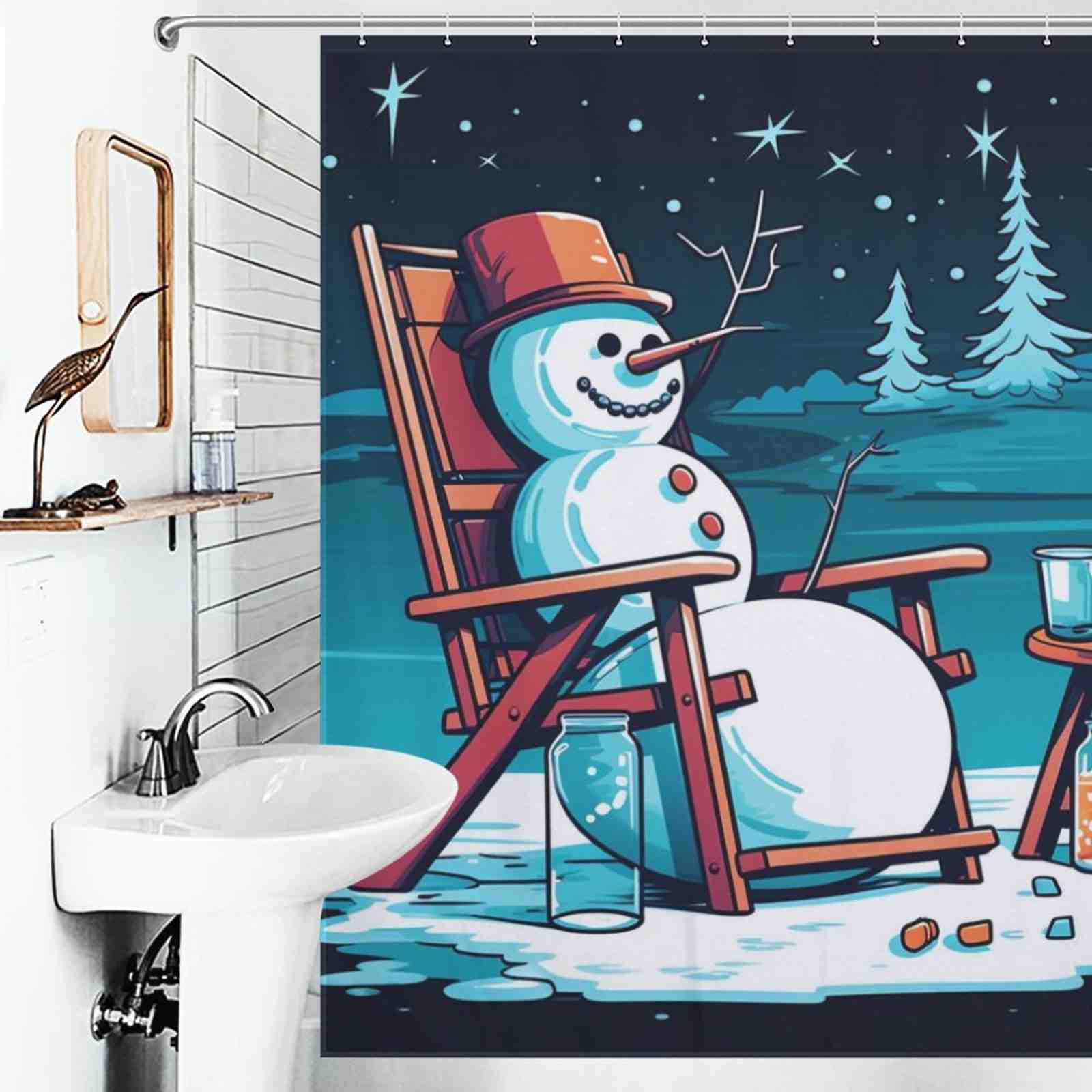 A shower curtain with a snowman sitting in a rocking chair.
