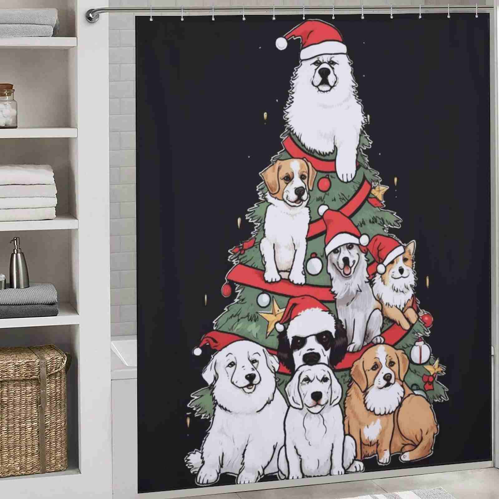 A christmas shower curtain with dogs in santa hats.