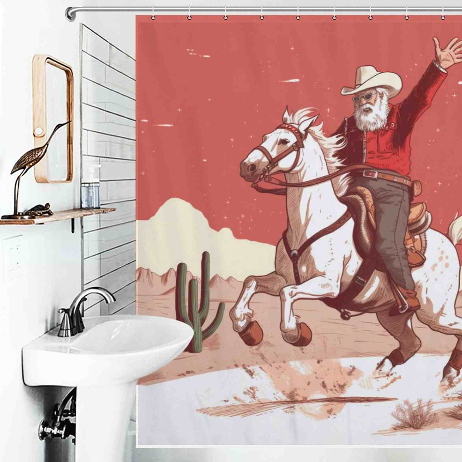 A shower curtain with an image of a cowboy riding a horse.
