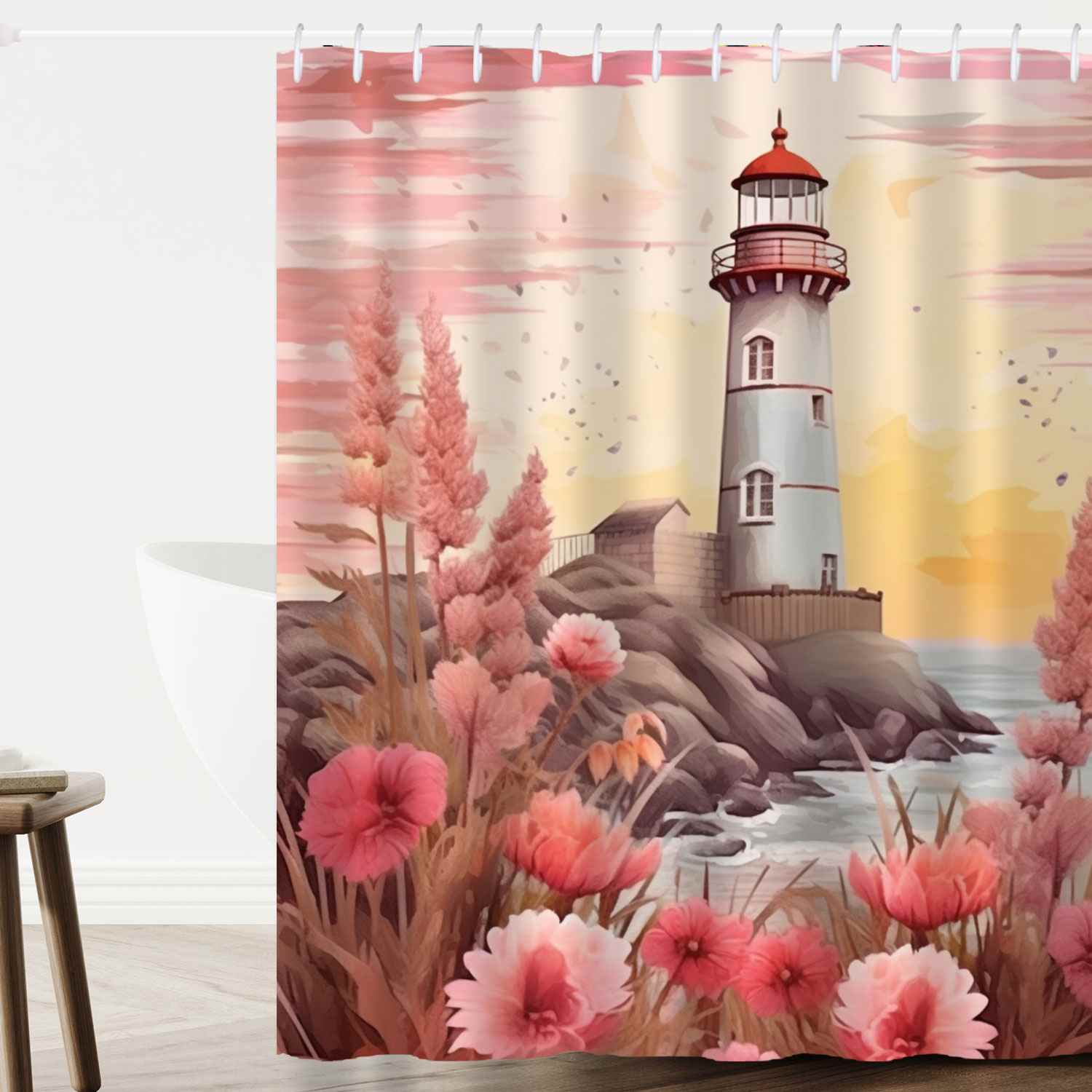 A shower curtain with a lighthouse and pink flowers.
