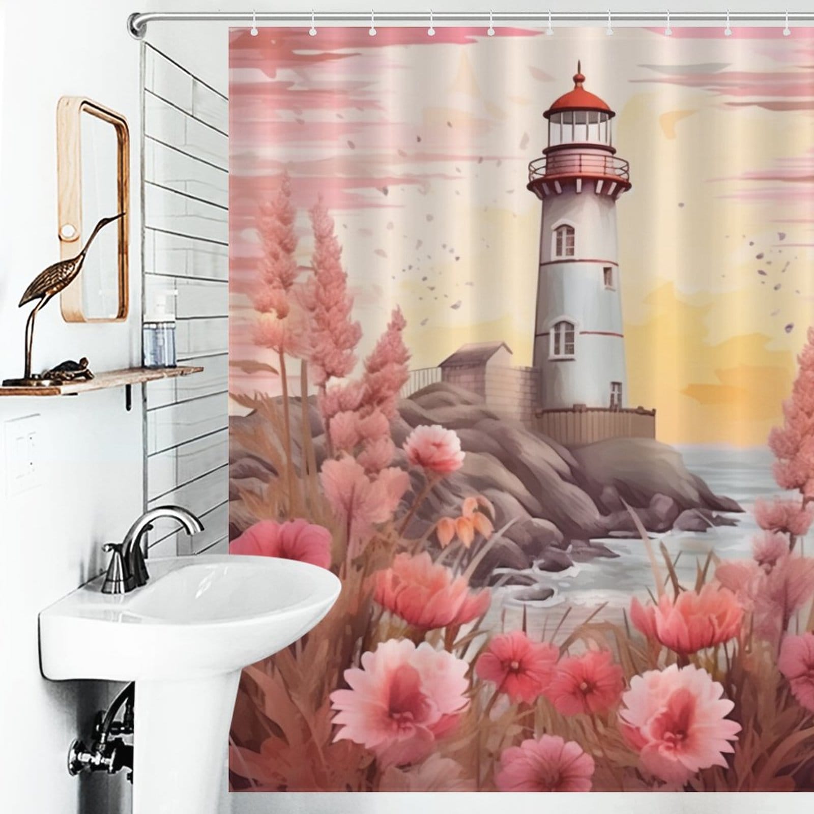 A bathroom with a boho coastal lighthouse shower curtain