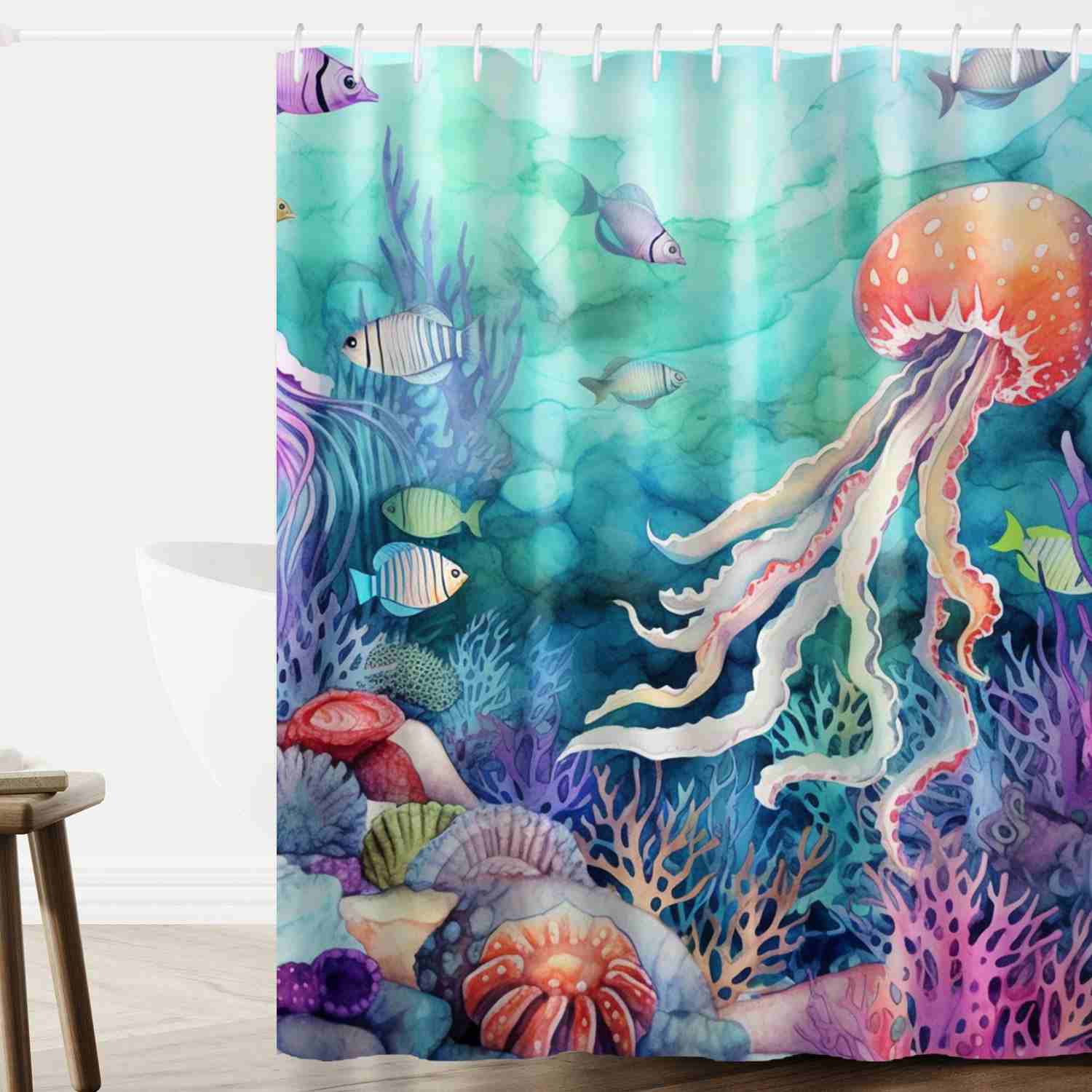 A colorful shower curtain with a jellyfish and other sea creatures.