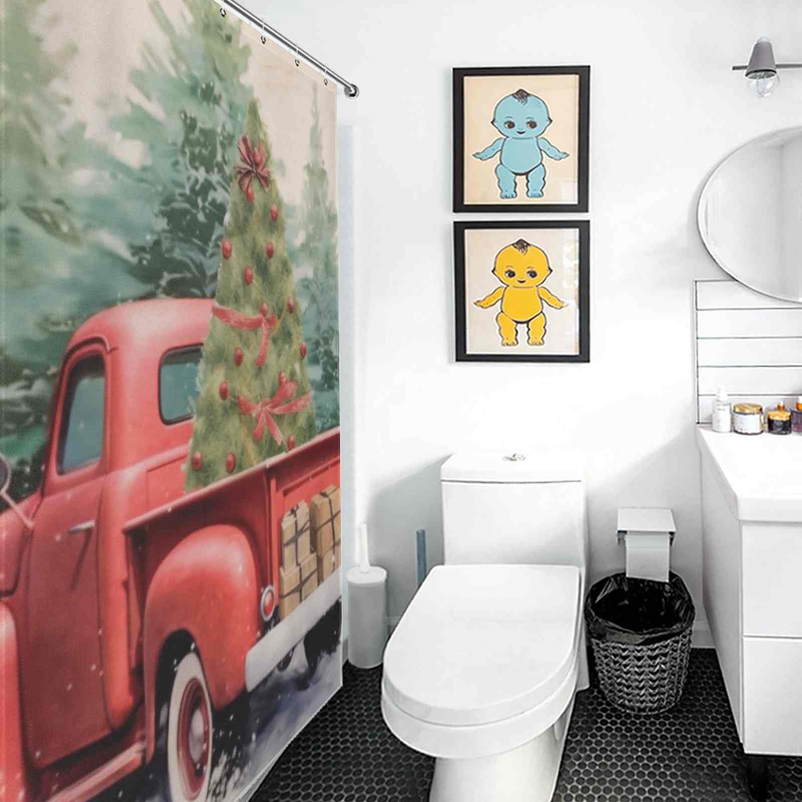 A bathroom with a red truck shower curtain.