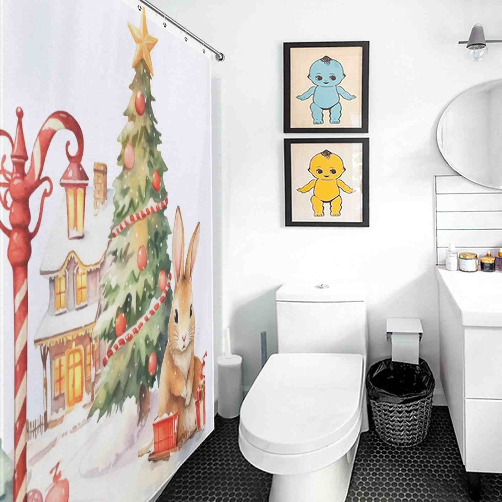 A bathroom with a christmas tree shower curtain.