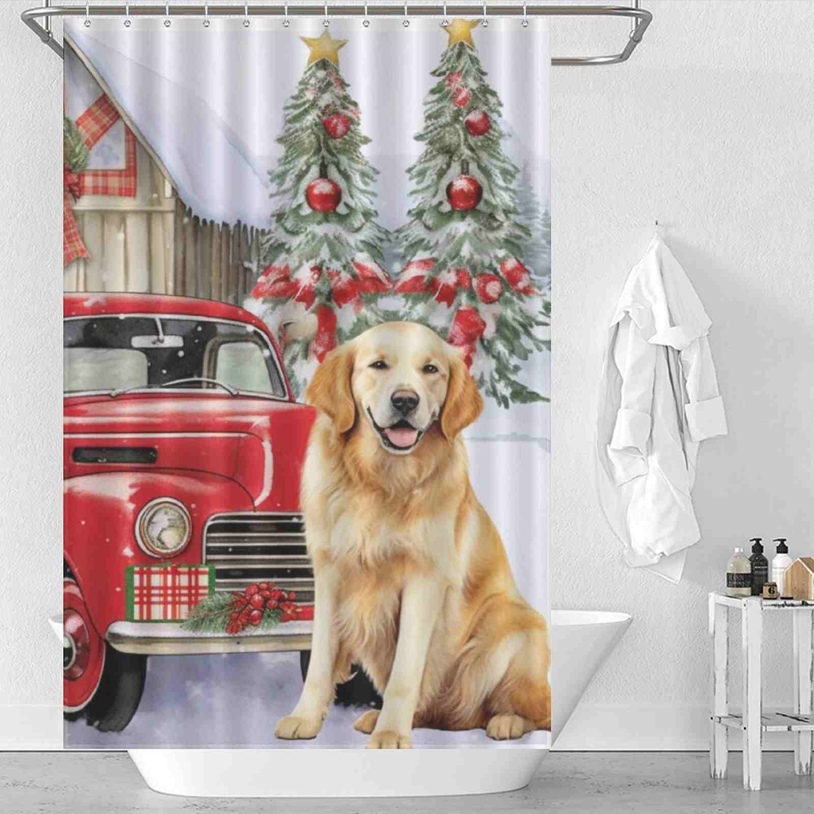 A shower curtain with a golden retriever and a red truck.