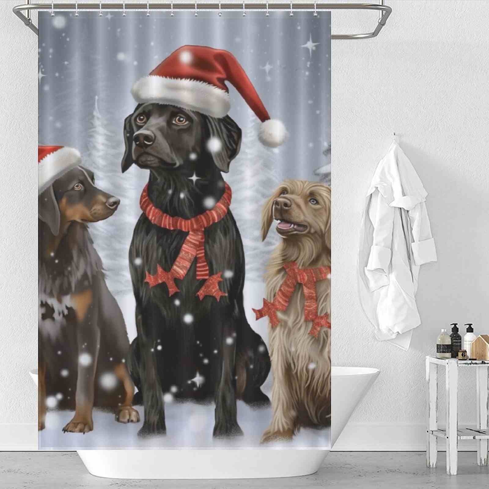 How to decorate your bathroom for christmas?three black labrador dogs in santa hats shower curtain is a good choice
