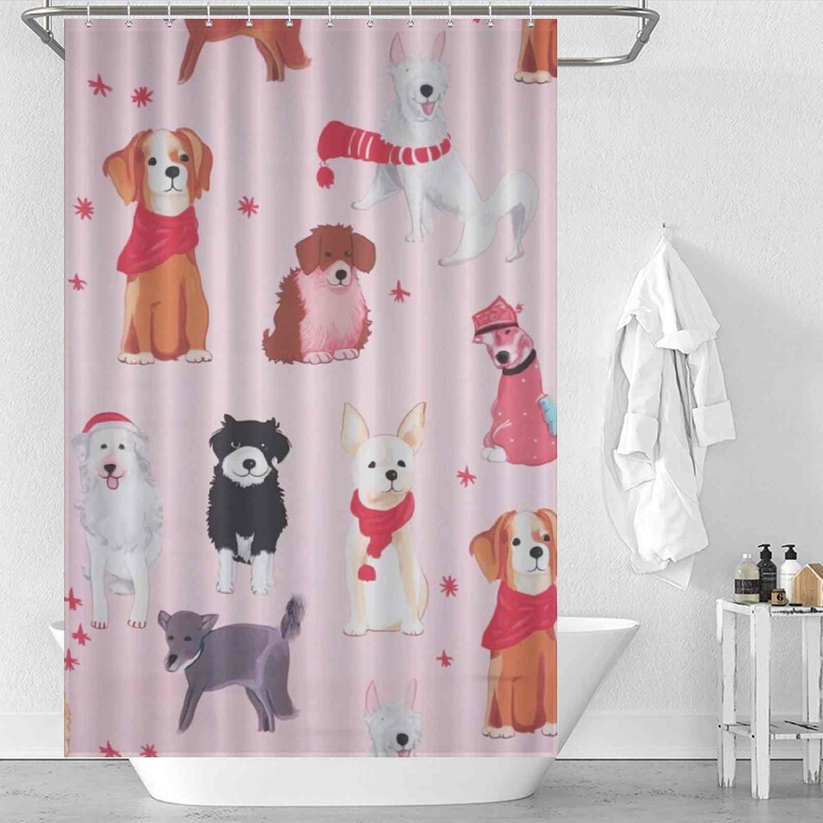 A pink shower curtain with many dogs on it.
