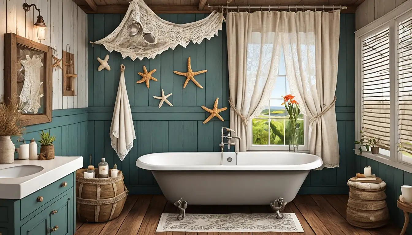 Can You Use a Curtain as a Shower Curtain?A bathroom decorated with starfish and seashells.