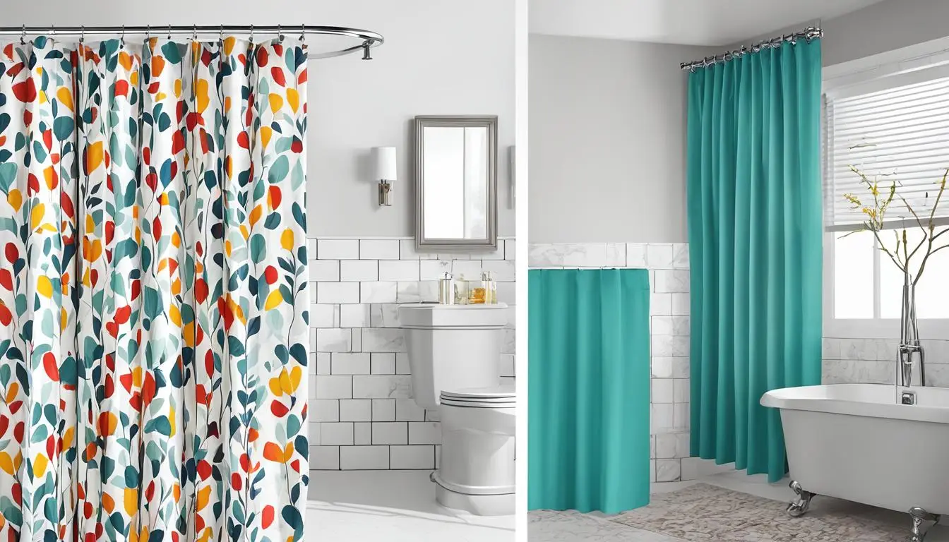 Can You Use a Curtain as a Shower Curtain? A bathroom with a colorful shower curtain and a bathtub.