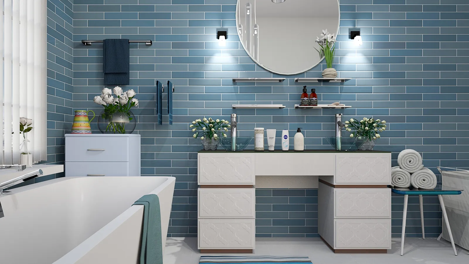 Learn how to decorate an apartment bathroom with blue tiled walls and a white vanity.