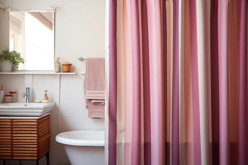 Change your shower curtain to a bathroom with a pink striped shower curtain.