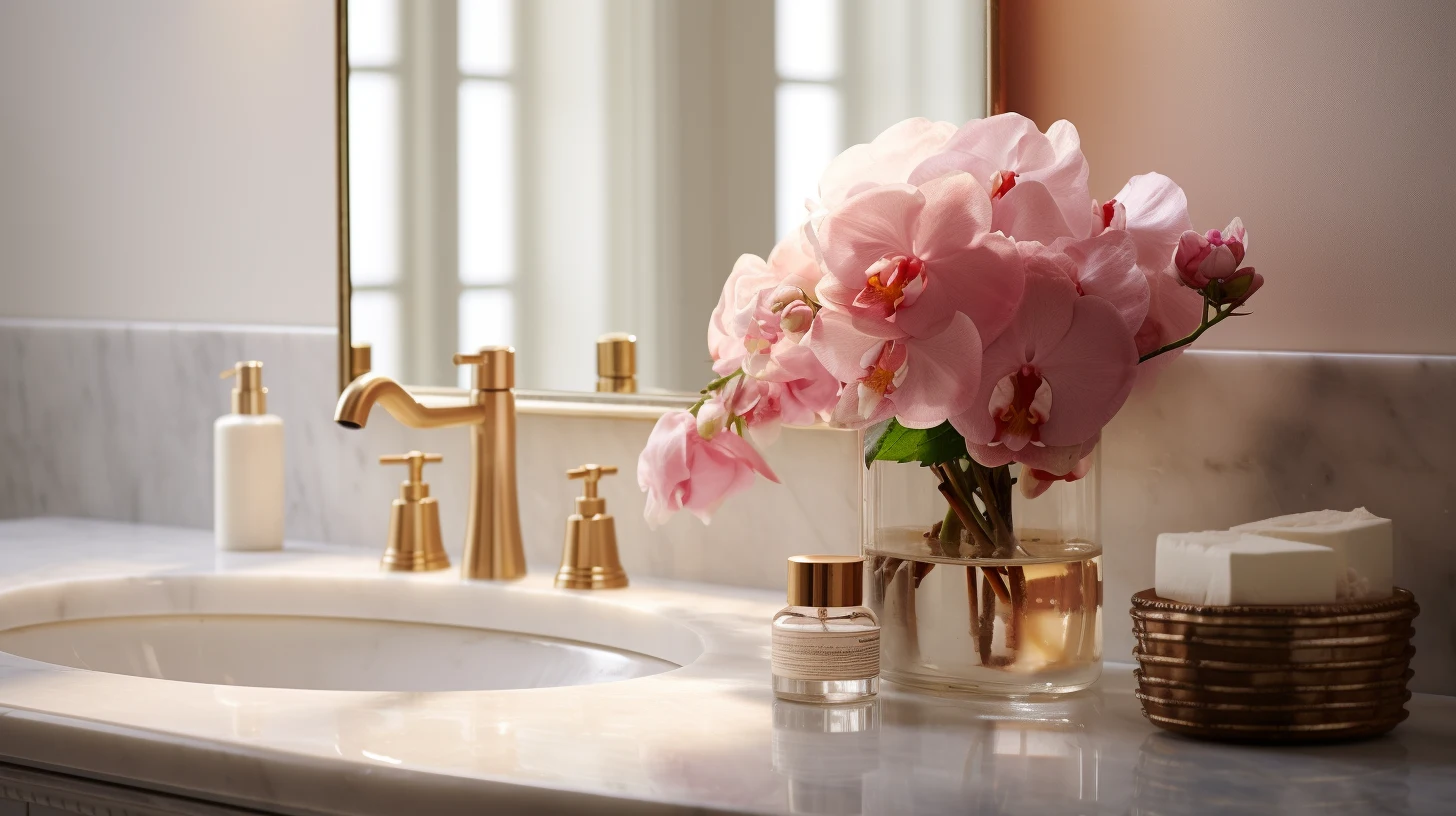 A bathroom with a gold sink and a vase of flowers.