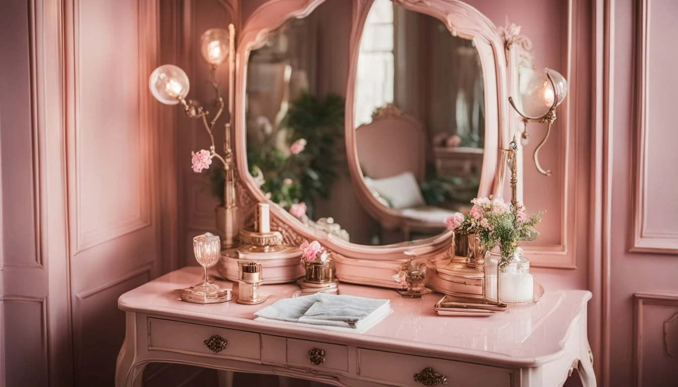 A pink vanity with a mirror and flowers.
