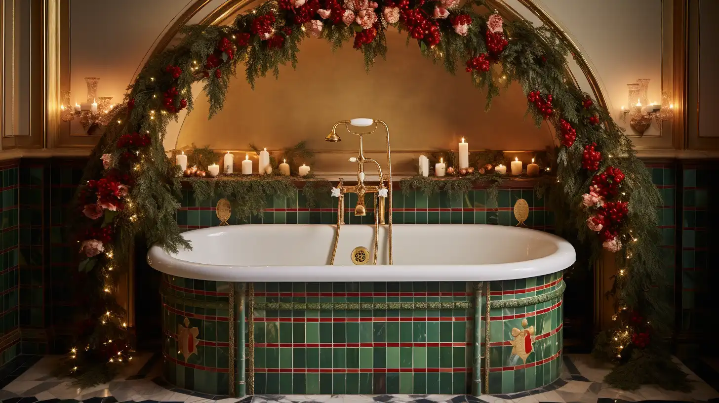 A bathroom with a bathtub decorated for christmas.