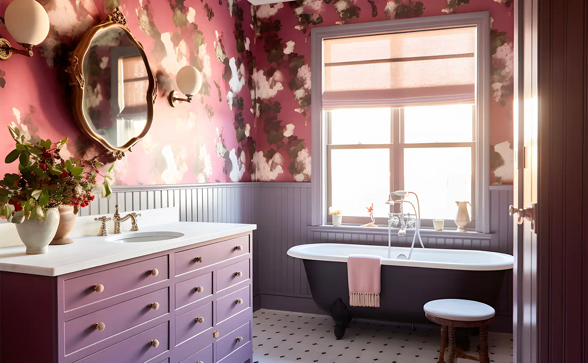 A bathroom with purple and floral wallpaper.