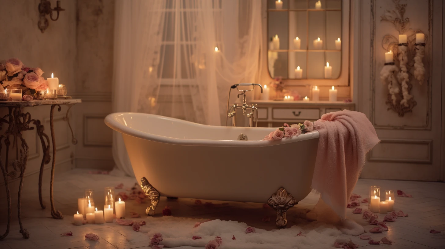 A bathtub filled with candles and flowers in a bathroom.