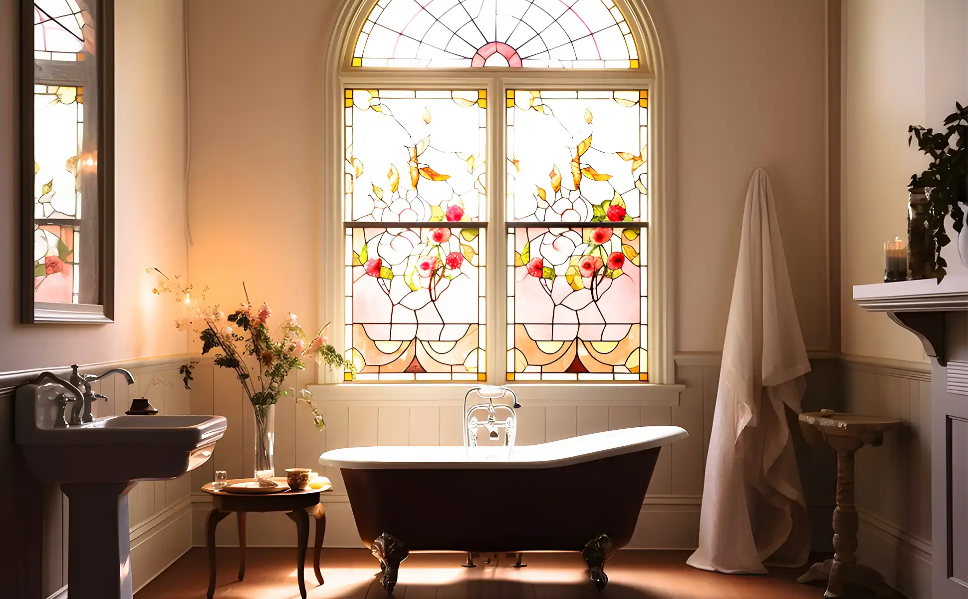 A bathroom with a stained glass window.