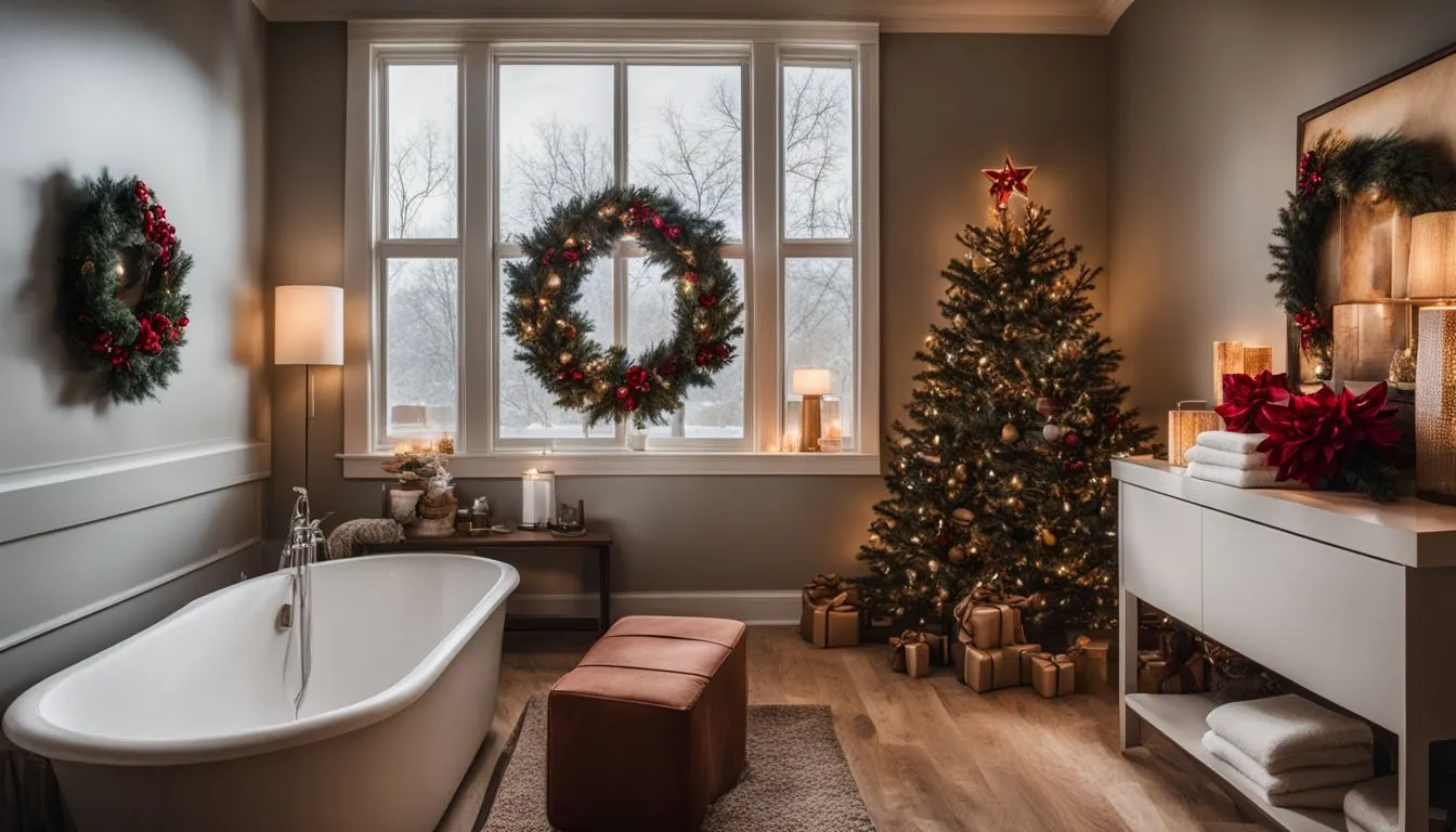 A bathroom with christmas decorations and a bathtub.