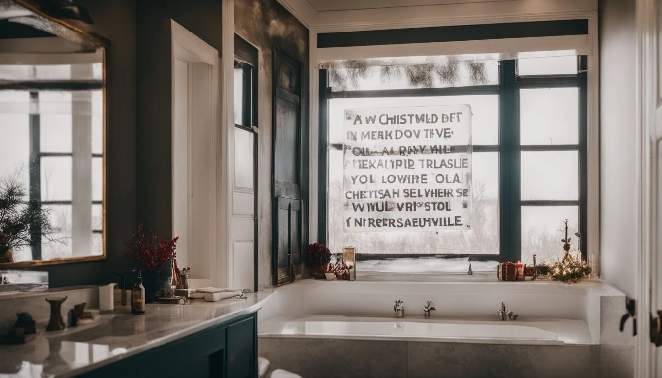 A bathroom with a bathtub and a window with a quote.