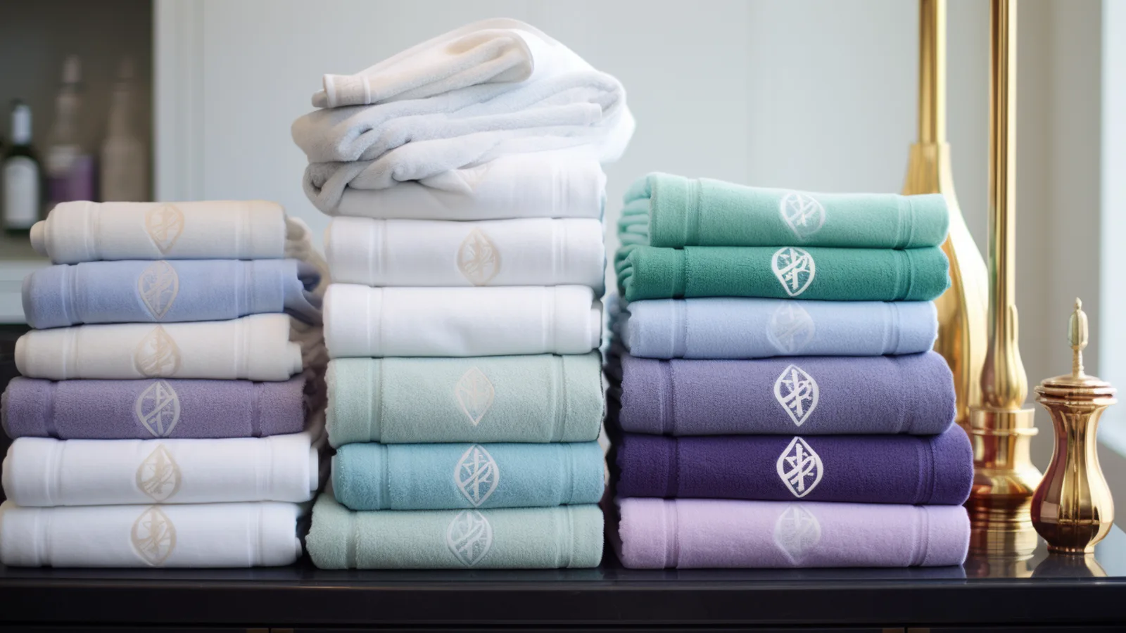 A stack of towels, stacked on top of a table, which can be used as a stylish way to decorate an apartment bathroom.