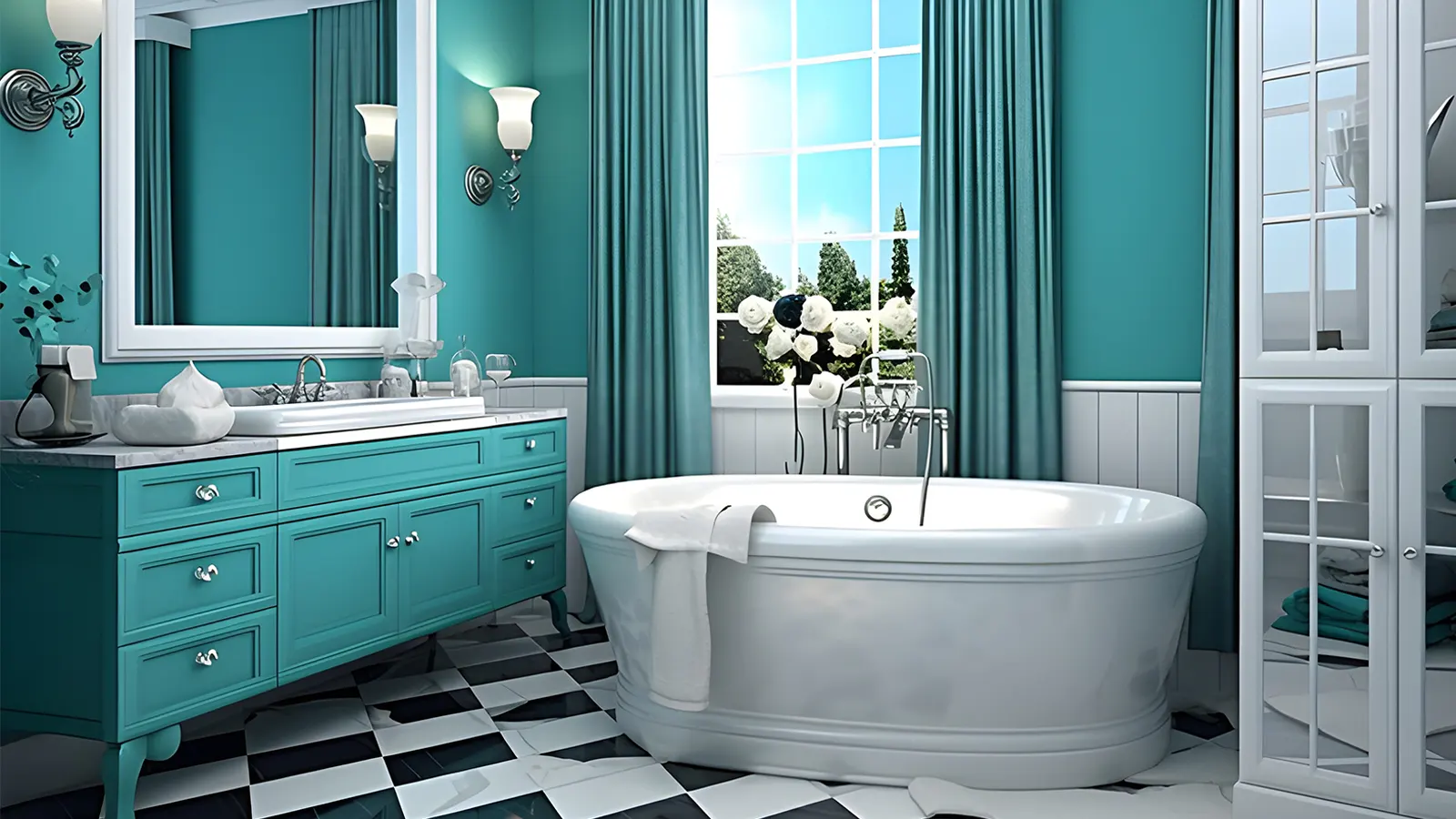Discover the perfect way to decorate your apartment bathroom with a stunning combination of turquoise walls and a black and white checkered floor.