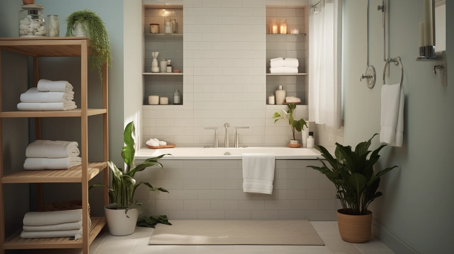 A bathroom with a bathtub, shelves, and plants.