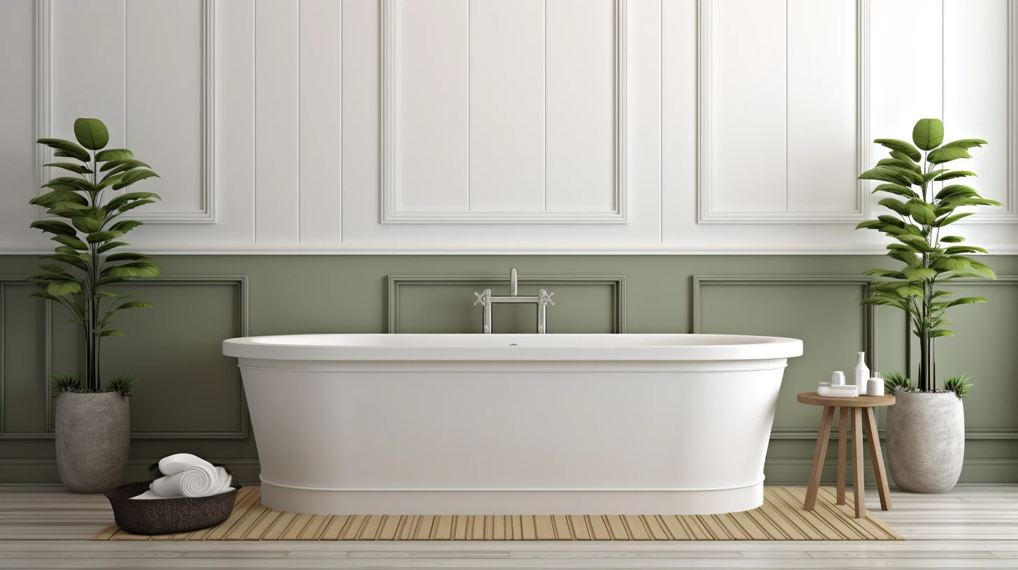 A bathroom with a white bathtub and green walls.