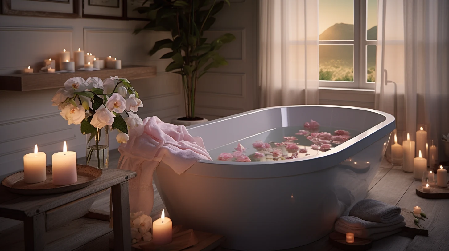 Romantic Bathroom Decorating Ideas featuring a bathtub filled with candles and flowers.