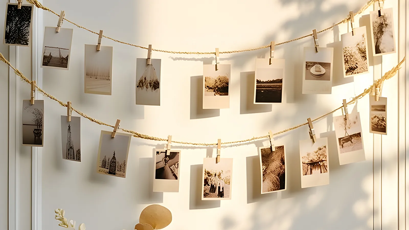 A string of photos hanging from a wall.