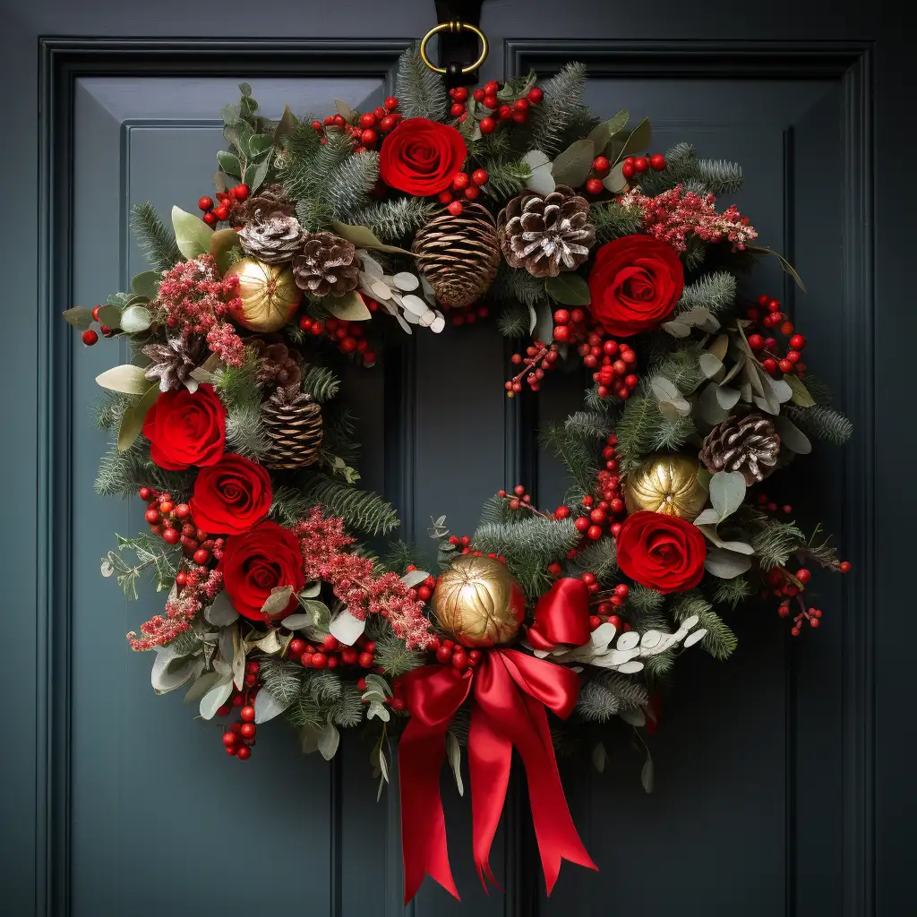 A christmas wreath hangs on a green door.