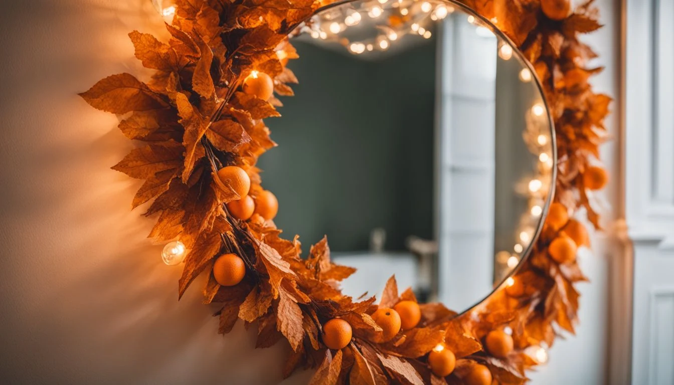 A mirror decorated with orange leaves and lights.