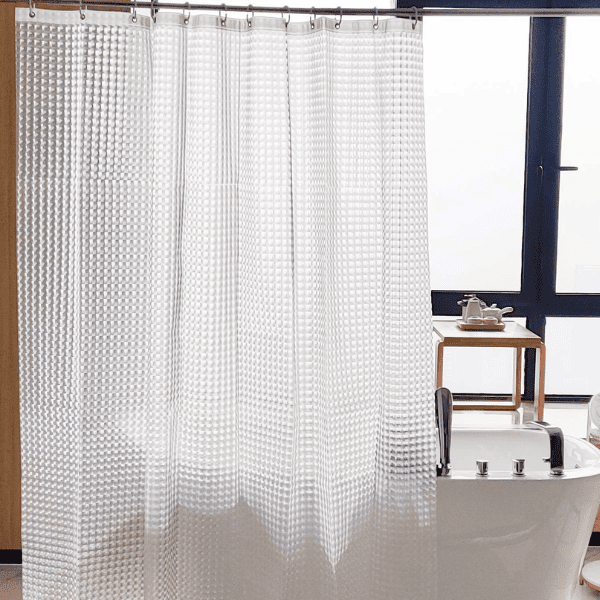 A PVEA/EVA shower curtain in a bathroom in a right size.